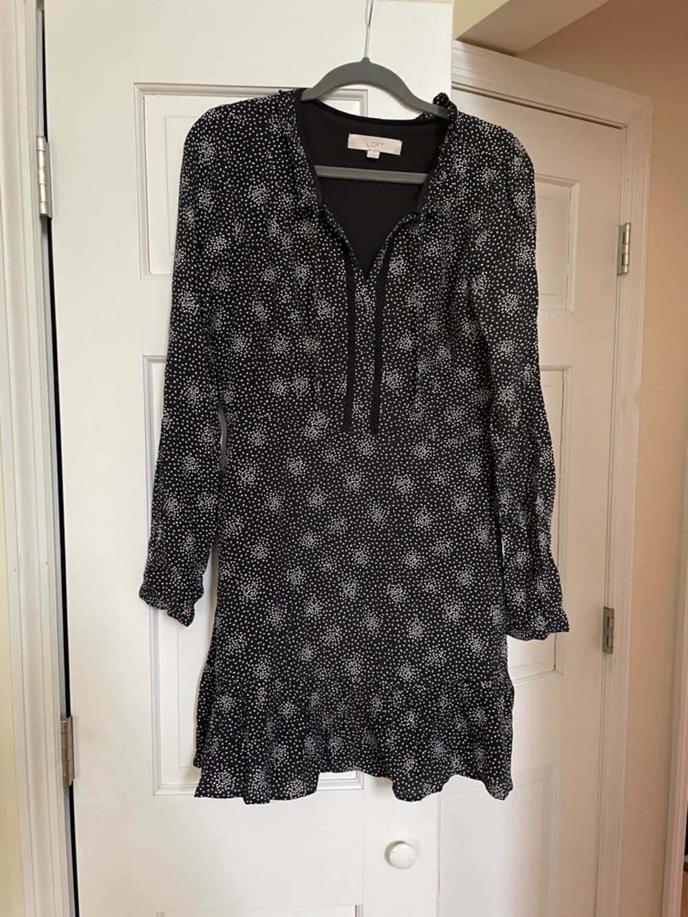 LOFT Black Dot Print Long Sleeve V-Neck Dress